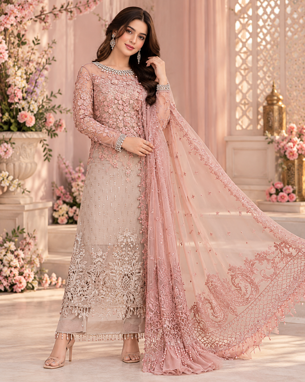 ZUNVEX Luxury Chiffon 3PC – 3D Floral Handwork & Sequin Embroidered Suit