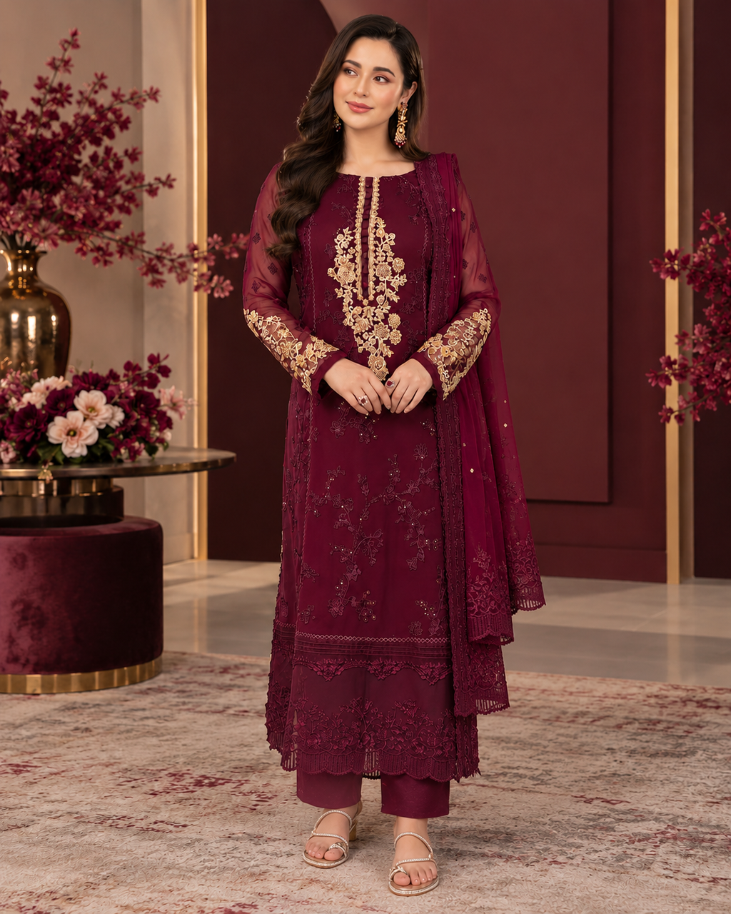 ZUNVEX Premium Luxury Chiffon 3PC – Heavy Embroidered Unstitched Suit with Adda Work