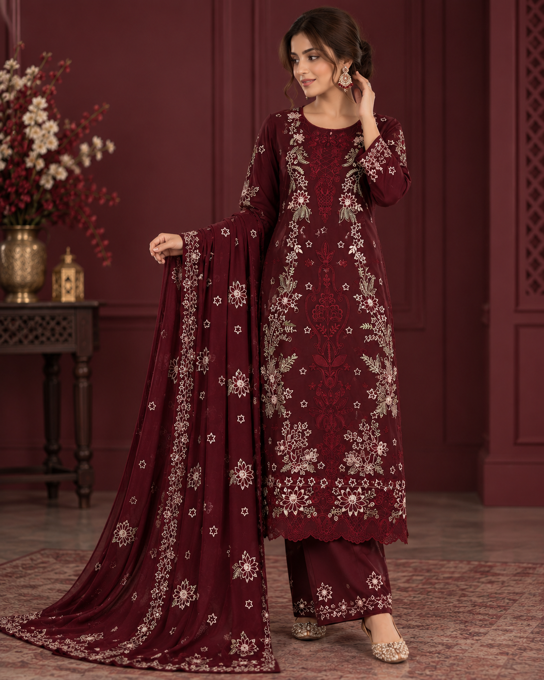 Premium Airjet Dhanak Heavy Embroidered 3PC Winter Suit with Embroidered Shawl
