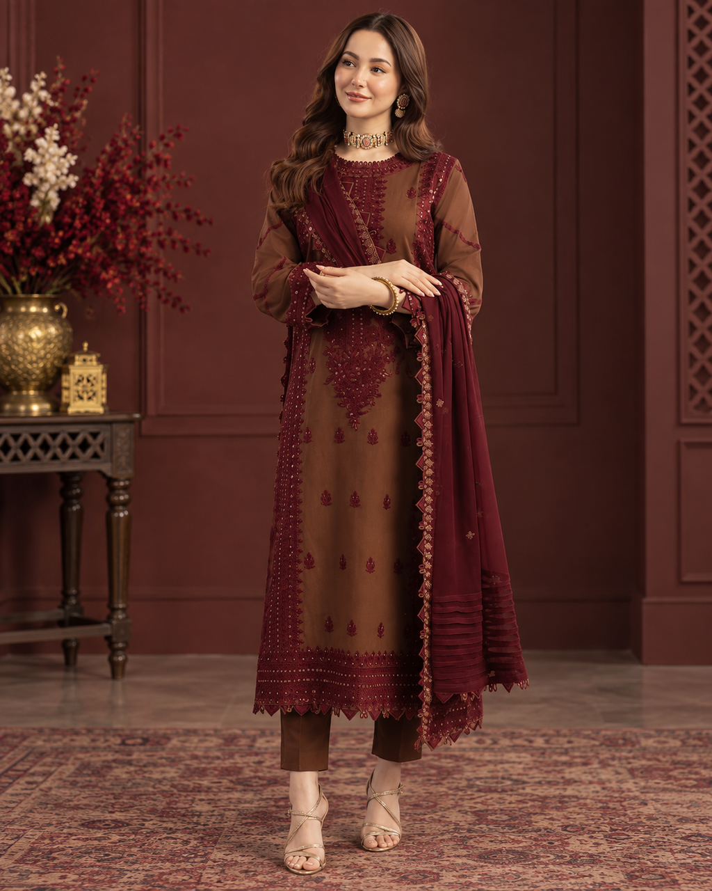 Premium Airjet Dhanak Heavy Embroidered 3PC Suit with Embroidered Shawl – Winter Collection