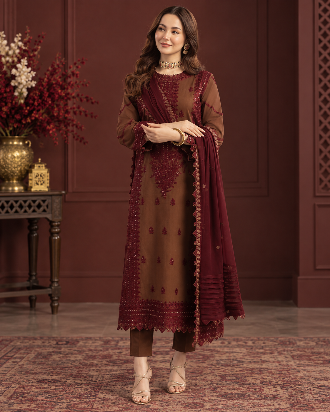 Premium Airjet Dhanak Heavy Embroidered 3PC Suit with Embroidered Shawl – Winter Collection
