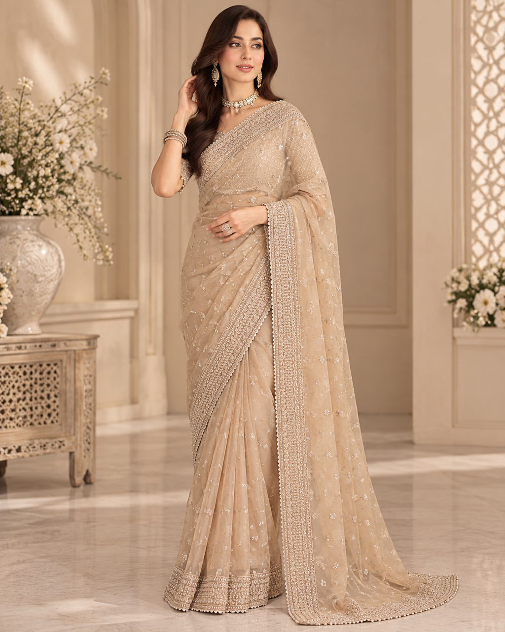 Maria B Inspired Luxury Sequence Net Saree – Tissue Silk Body | Unstitched Replica