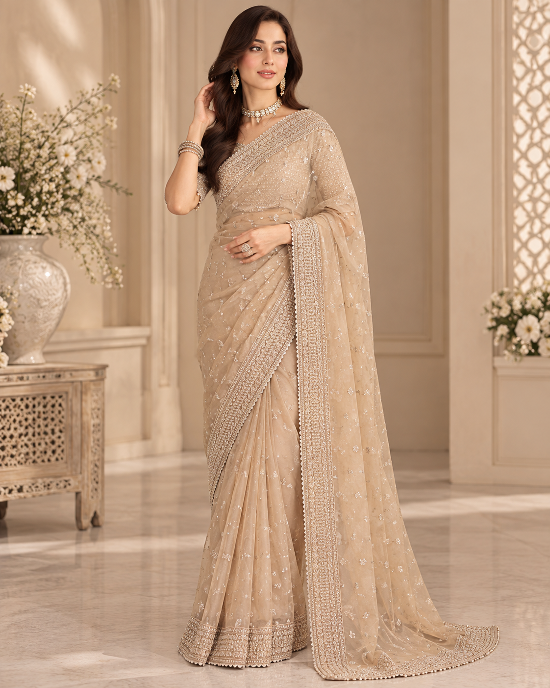Maria B Inspired Luxury Sequence Net Saree – Tissue Silk Body | Unstitched Replica