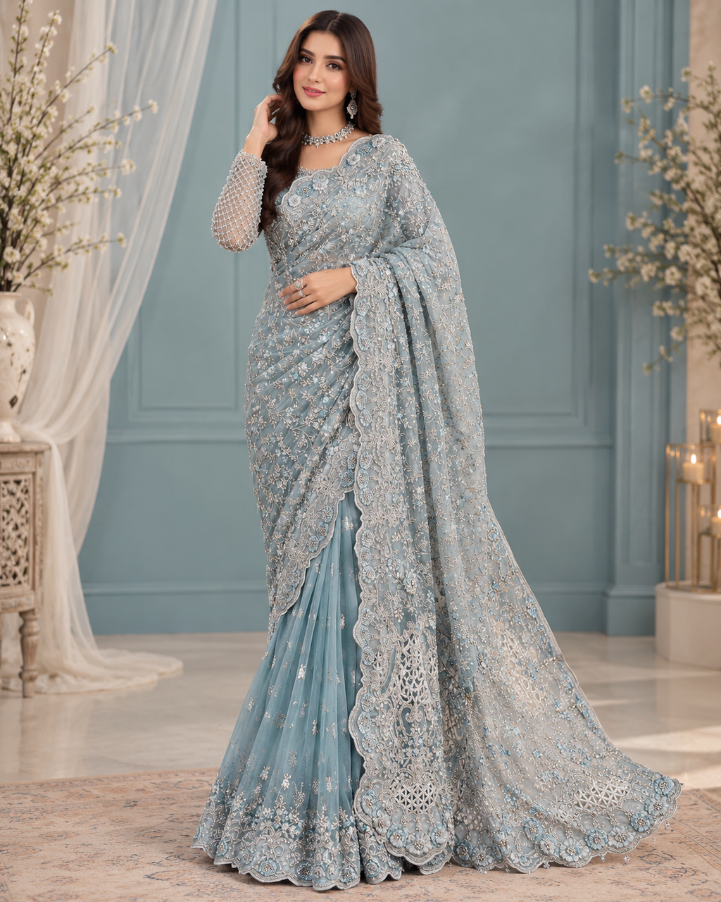 Maria B Exclusive Heavy Embroidered Net Saree – Luxury Collection