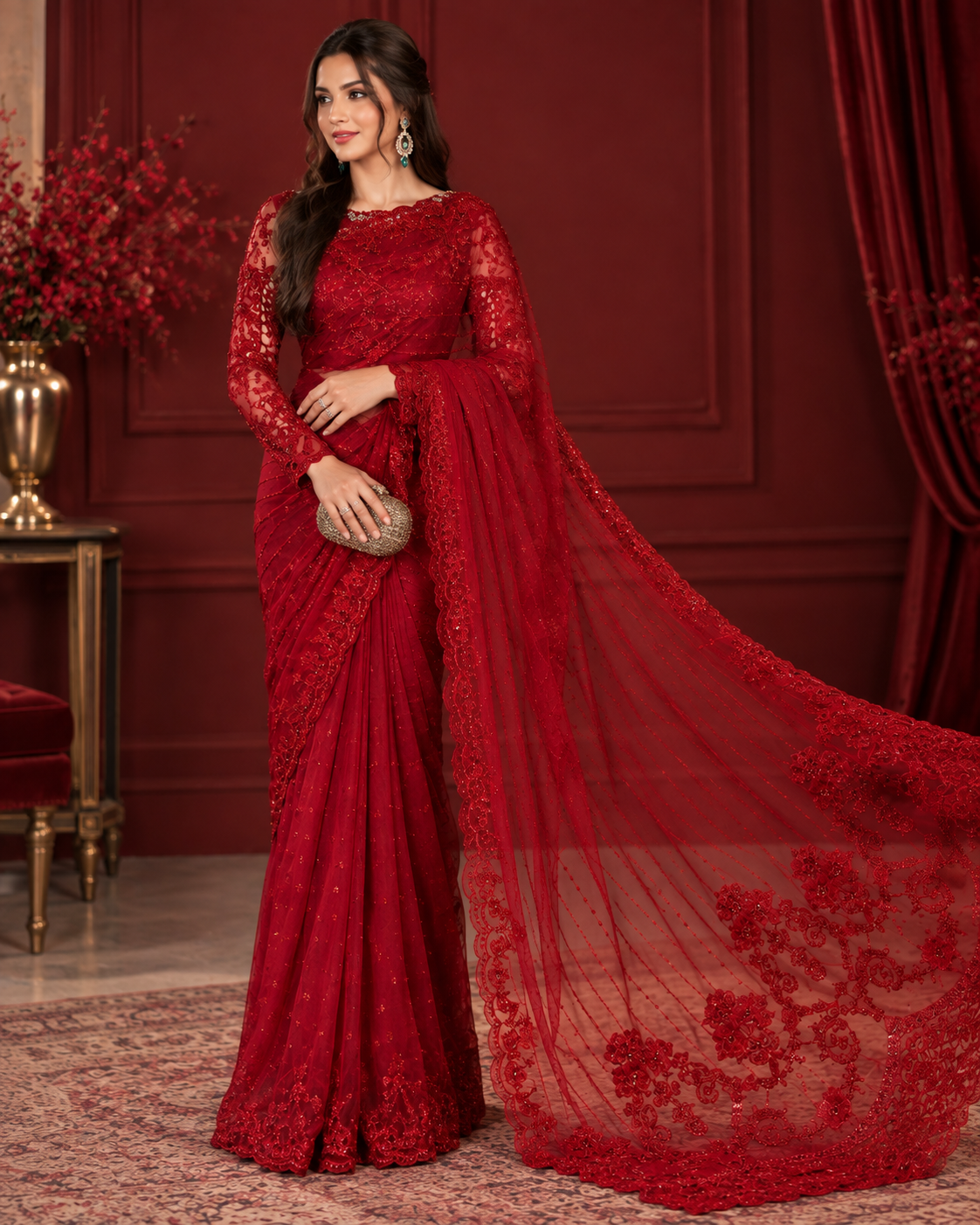 Maria B Saree Exclusive – Heavy Embroidered Net Saree with Adda Work