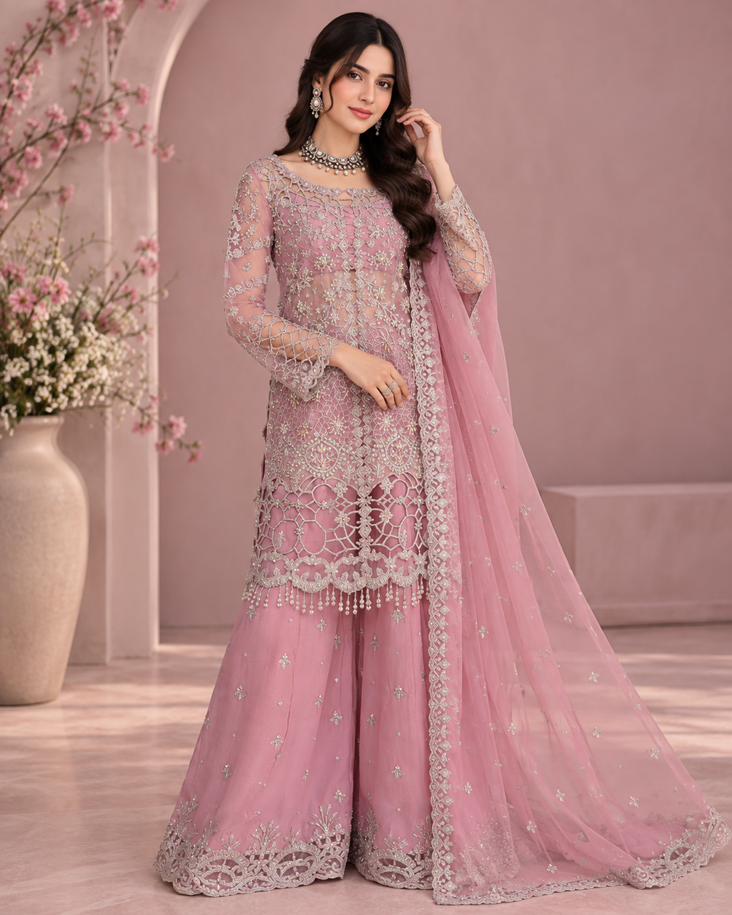 Luxury Heavy Embroidered Organza 3PC Suit with Adda & Cutwork