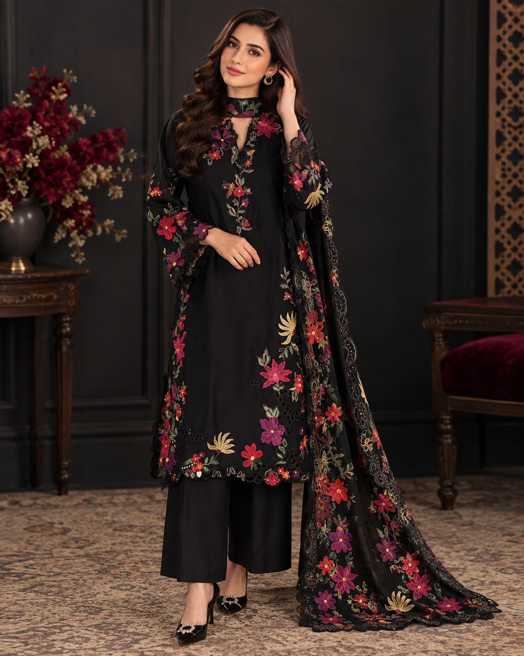 IZNIK Premium Dhanak 3PC Chicken Kaari Embroidered Suit