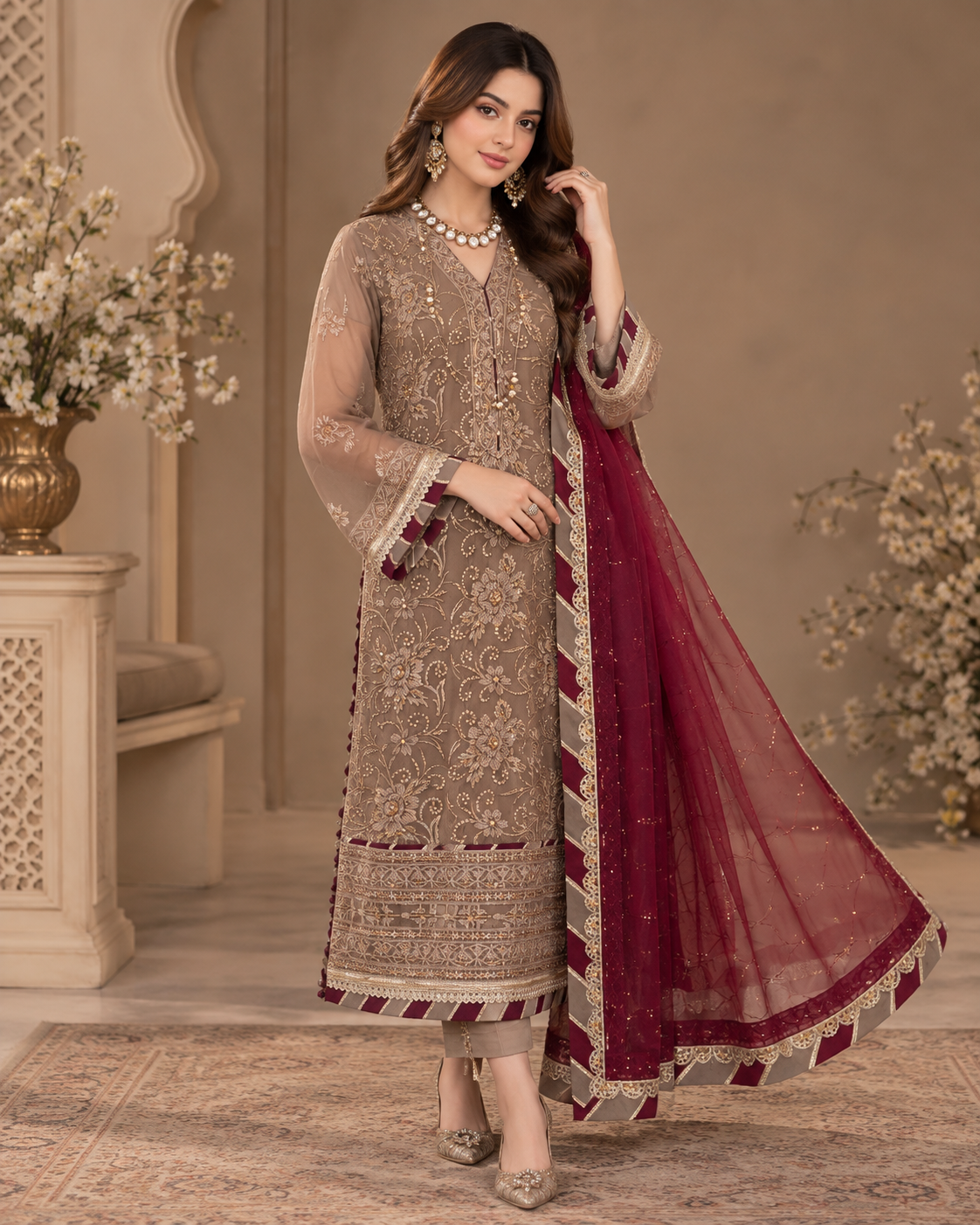 Luxury Embroidered Chiffon 3PC Formal Suit with Maroon Dupatta