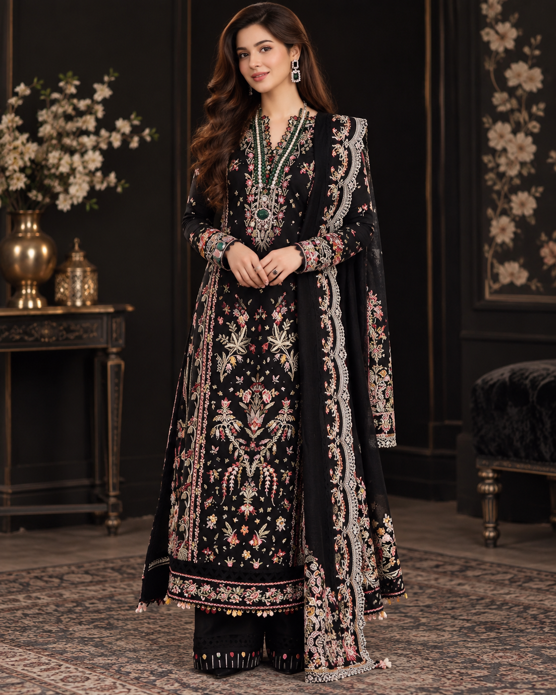 Premium Airjet Dhanak Heavy Embroidered 3PC with Embroidery Shawl