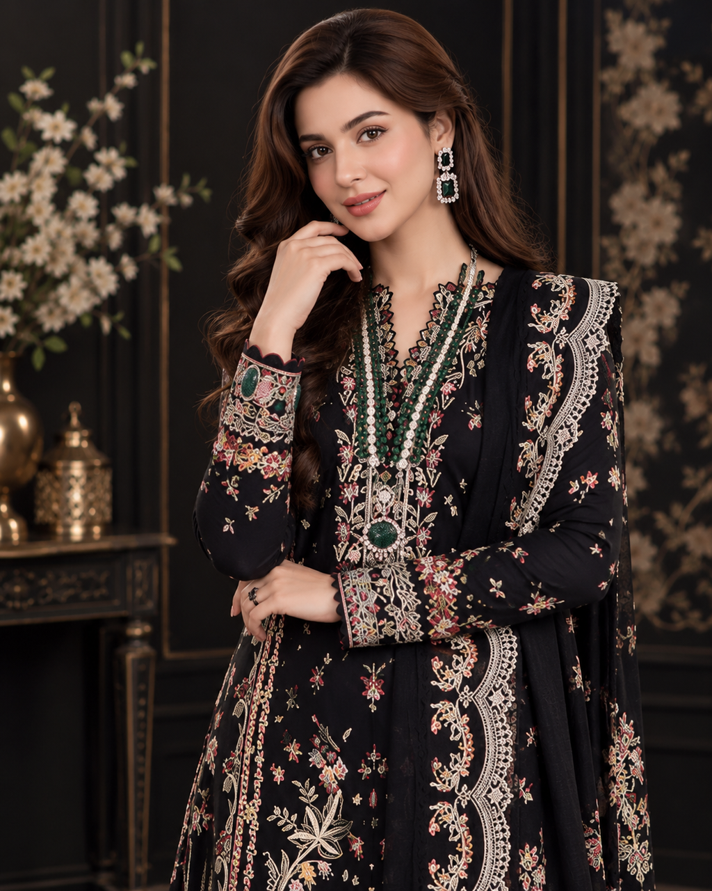 Premium Airjet Dhanak Heavy Embroidered 3PC with Embroidery Shawl