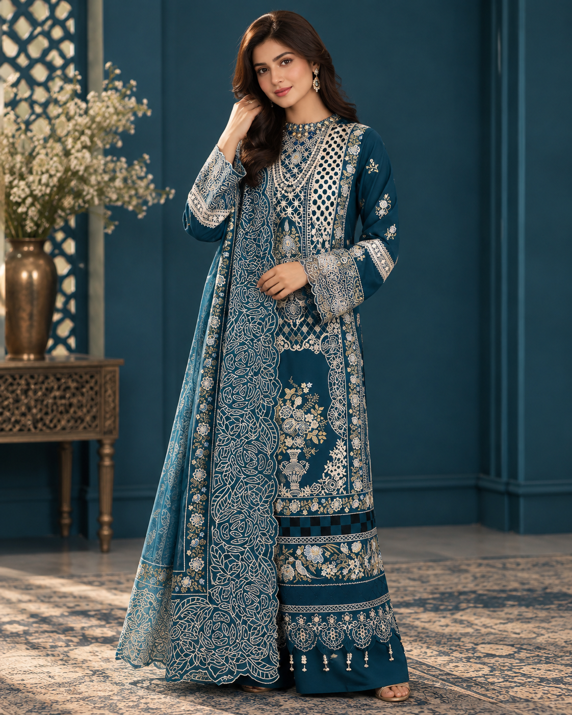Premium Airjet Dhanak Embroidered 3PC with Digital Wool Shawl – Winter Collection 2026-27