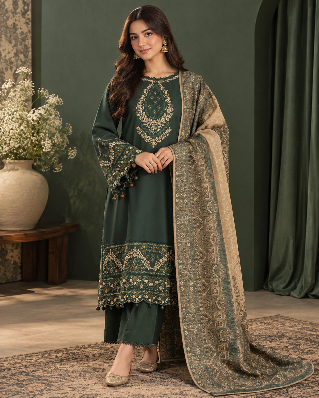 Premium Airjet Dhanak Embroidered 3-Piece Suit with Digital Wool Shawl