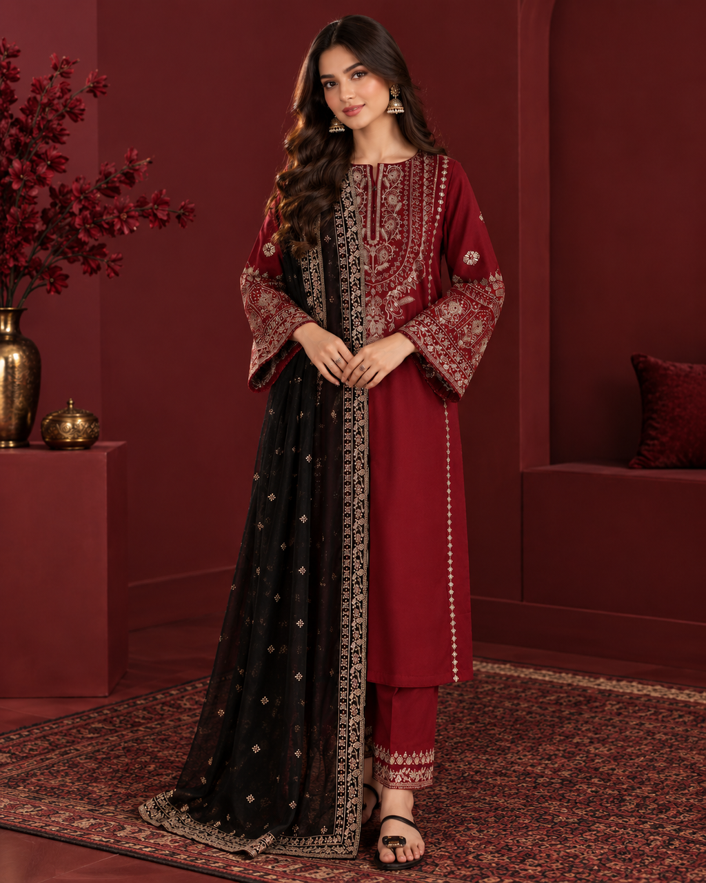 Premium Dhanak Embroidered 3-Piece Winter Suit with Embroidered Shawl