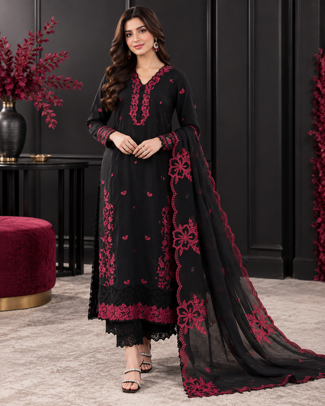 Premium Dhanak Heavy Embroidered 3-Piece Suit with Embroidered Shawl