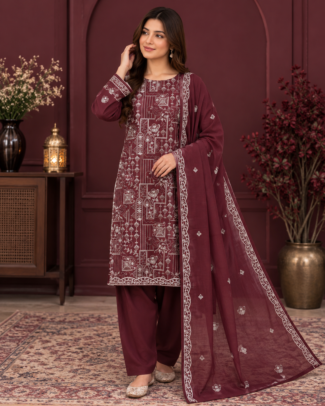 Premium Dhanak Peach Wool 3PC – Digital Printed Winter Collection