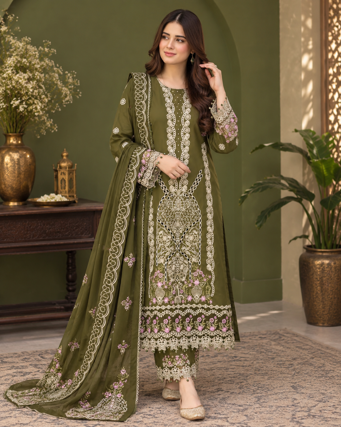 Luxury Airjet Dhanak Embroidered 3PC Suit with Twill Wool Dupatta
