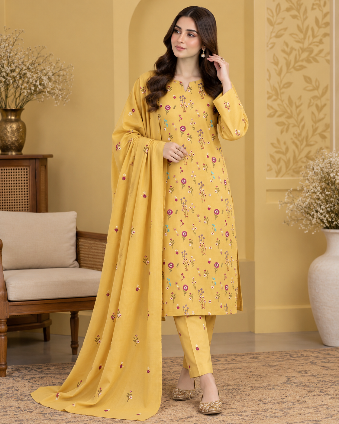 Premium Airjet Dhanak Embroidered 3PC Suit with Luxury Shawl