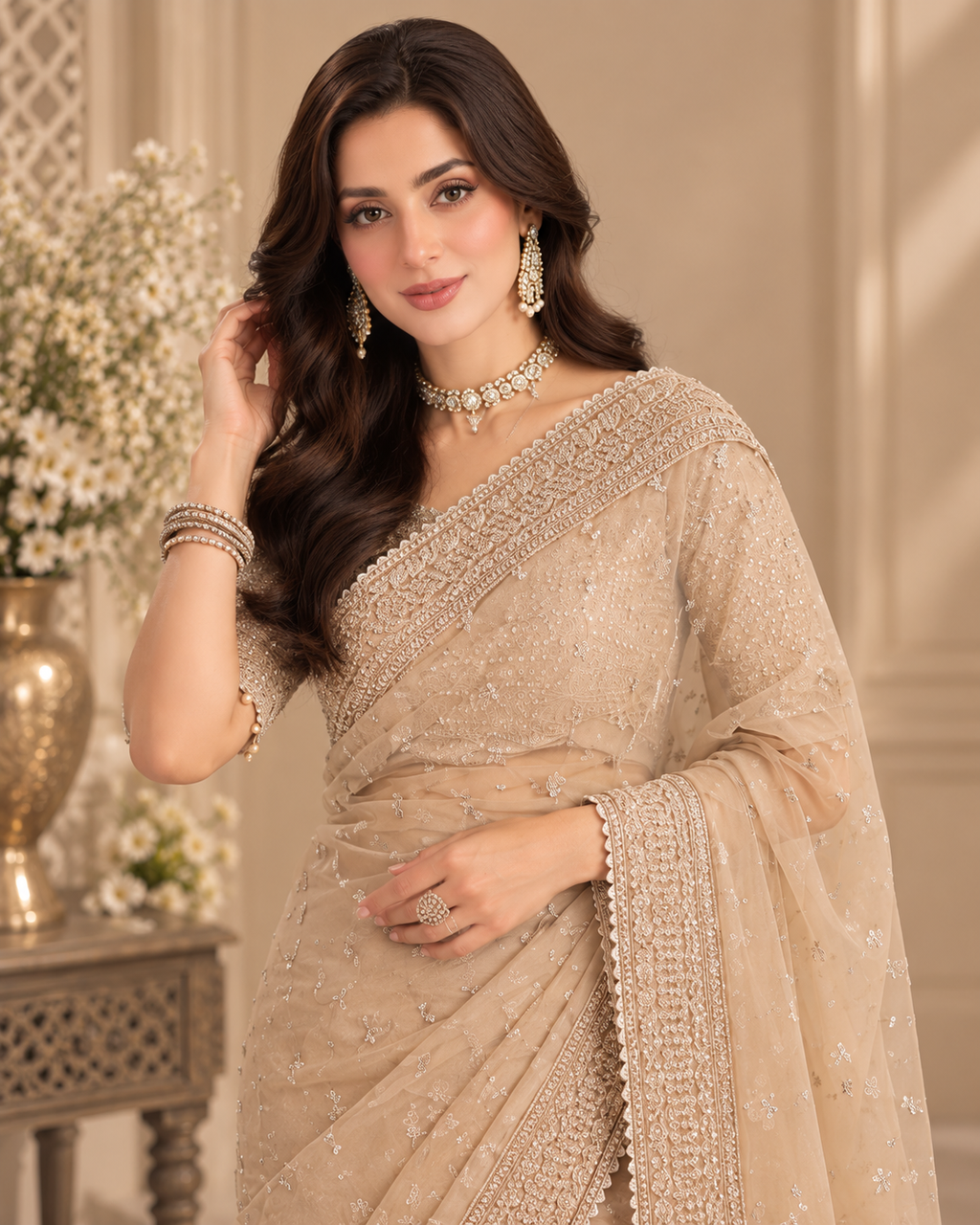Maria B Inspired Luxury Sequence Net Saree – Tissue Silk Body | Unstitched Replica