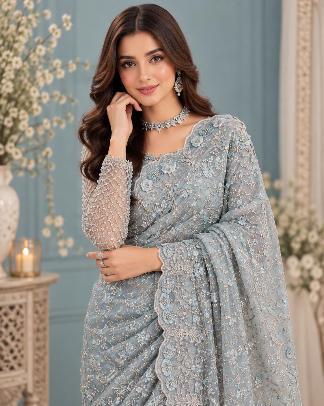Maria B Exclusive Heavy Embroidered Net Saree – Luxury Collection