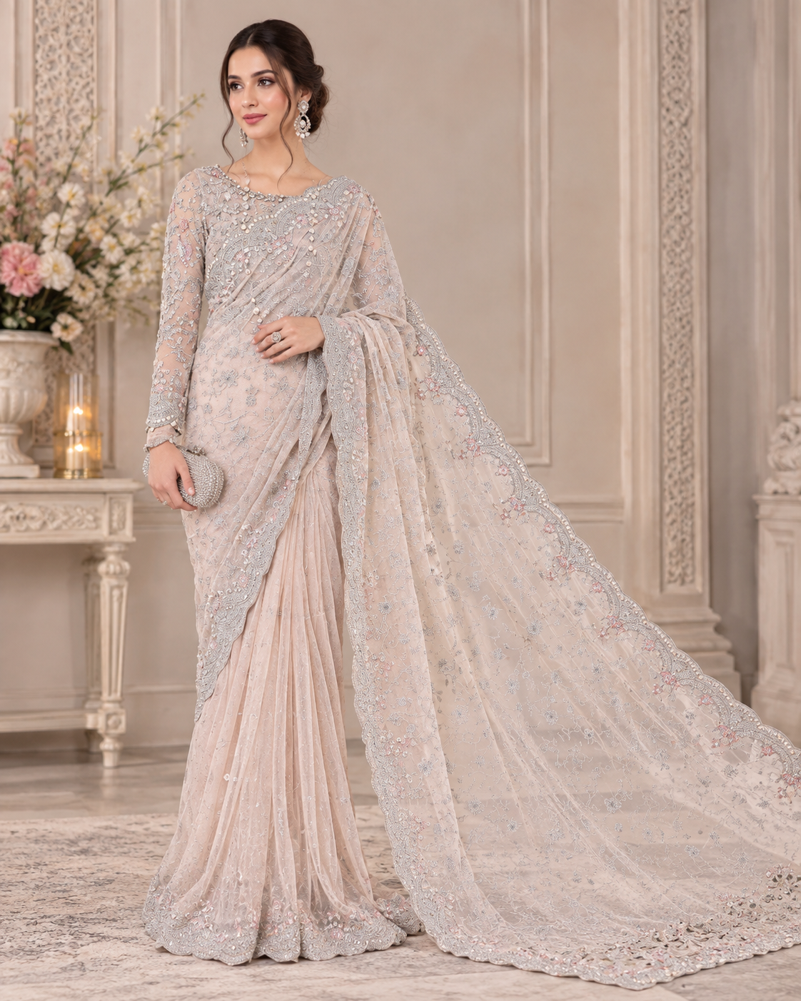 Maria B Saree Exclusive – Heavy Embroidered Net Saree with Adda Work