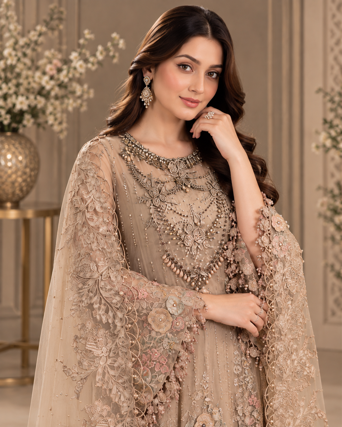 Luxury Chiffon 3PC Embroidered Suit with 3D Flower & Adda Work