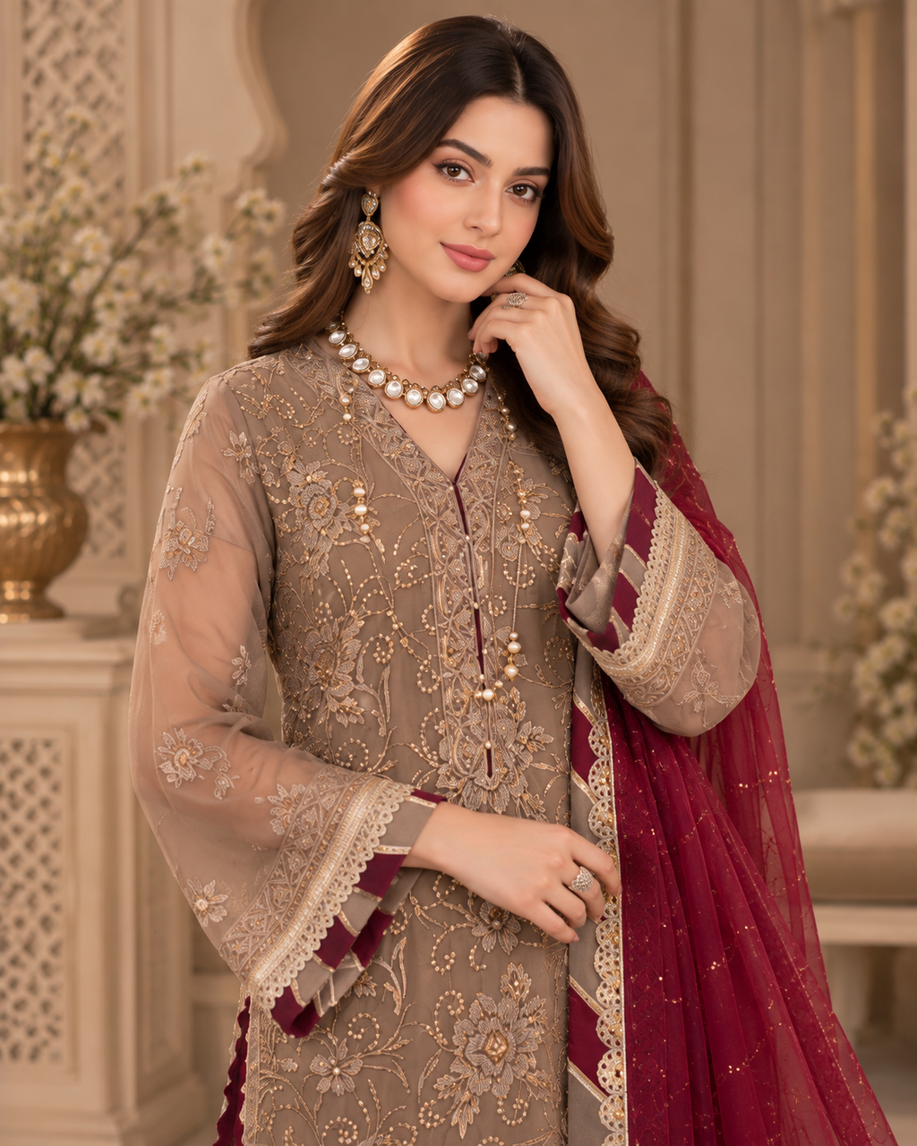 Luxury Embroidered Chiffon 3PC Formal Suit with Maroon Dupatta