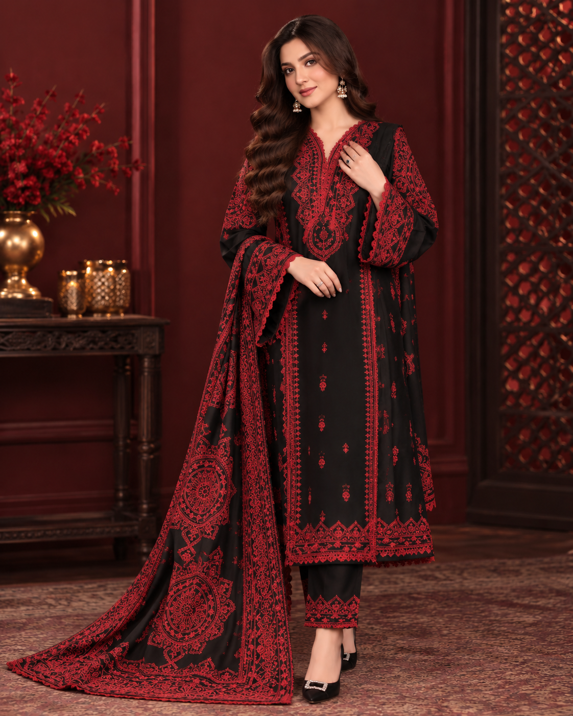 Premium Airjet Dhanak Embroidered 3PC with Digital Wool Shawl | Winter Collection 2026-27