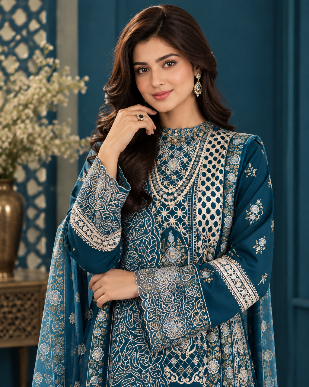 Premium Airjet Dhanak Embroidered 3PC with Digital Wool Shawl – Winter Collection 2026-27