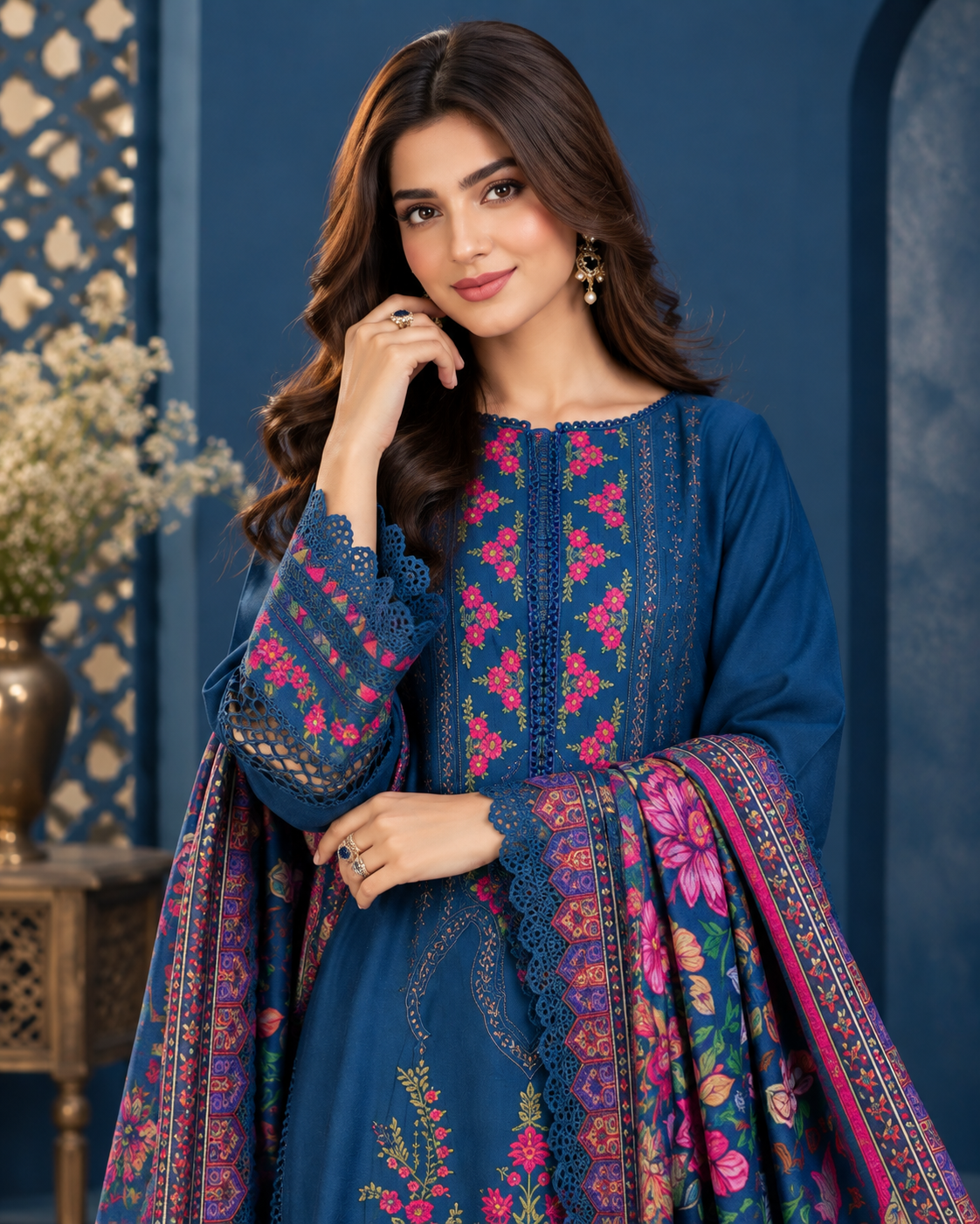 Premium Dhanak Embroidered 3-Piece Winter Suit with Digital Wool Shawl