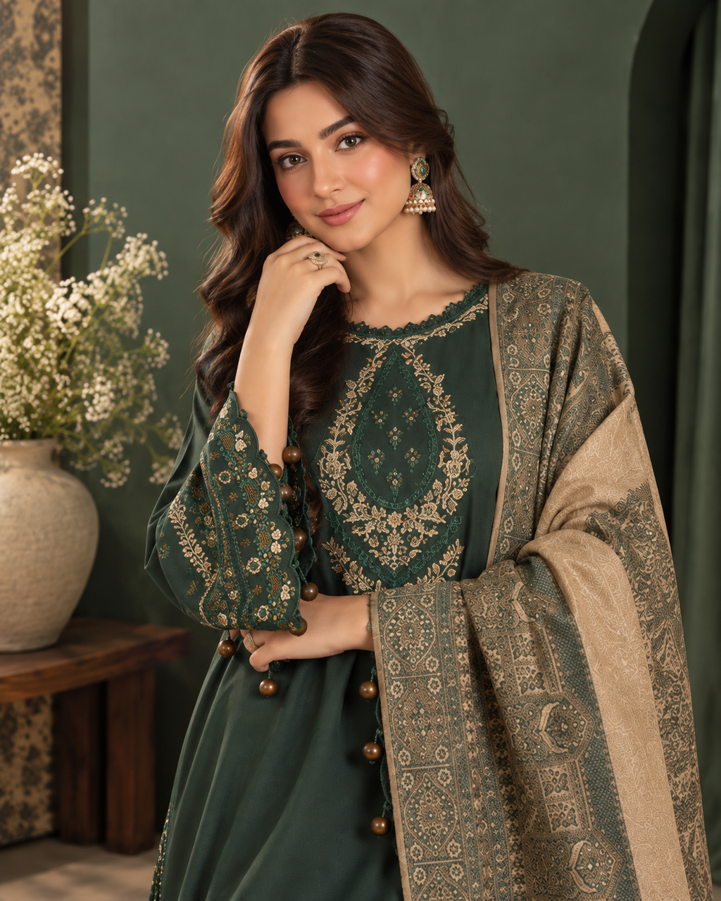 Premium Airjet Dhanak Embroidered 3-Piece Suit with Digital Wool Shawl