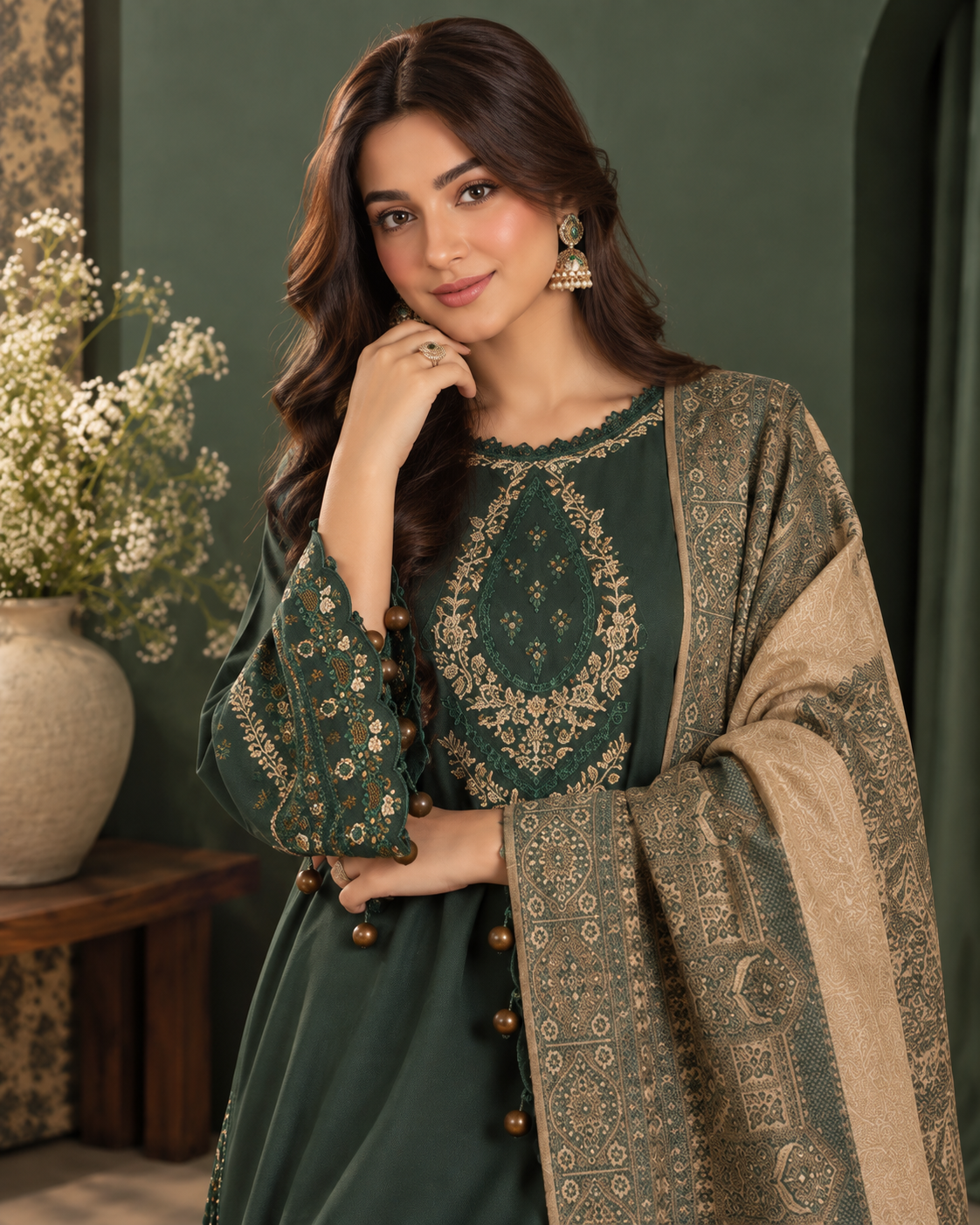 Premium Airjet Dhanak Embroidered 3-Piece Suit with Digital Wool Shawl