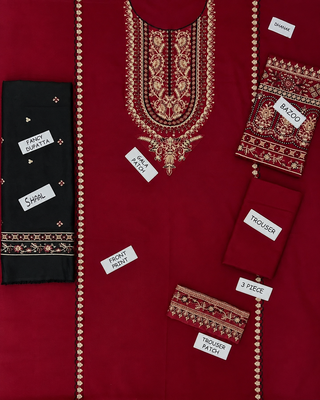 Premium Dhanak Embroidered 3-Piece Winter Suit with Embroidered Shawl