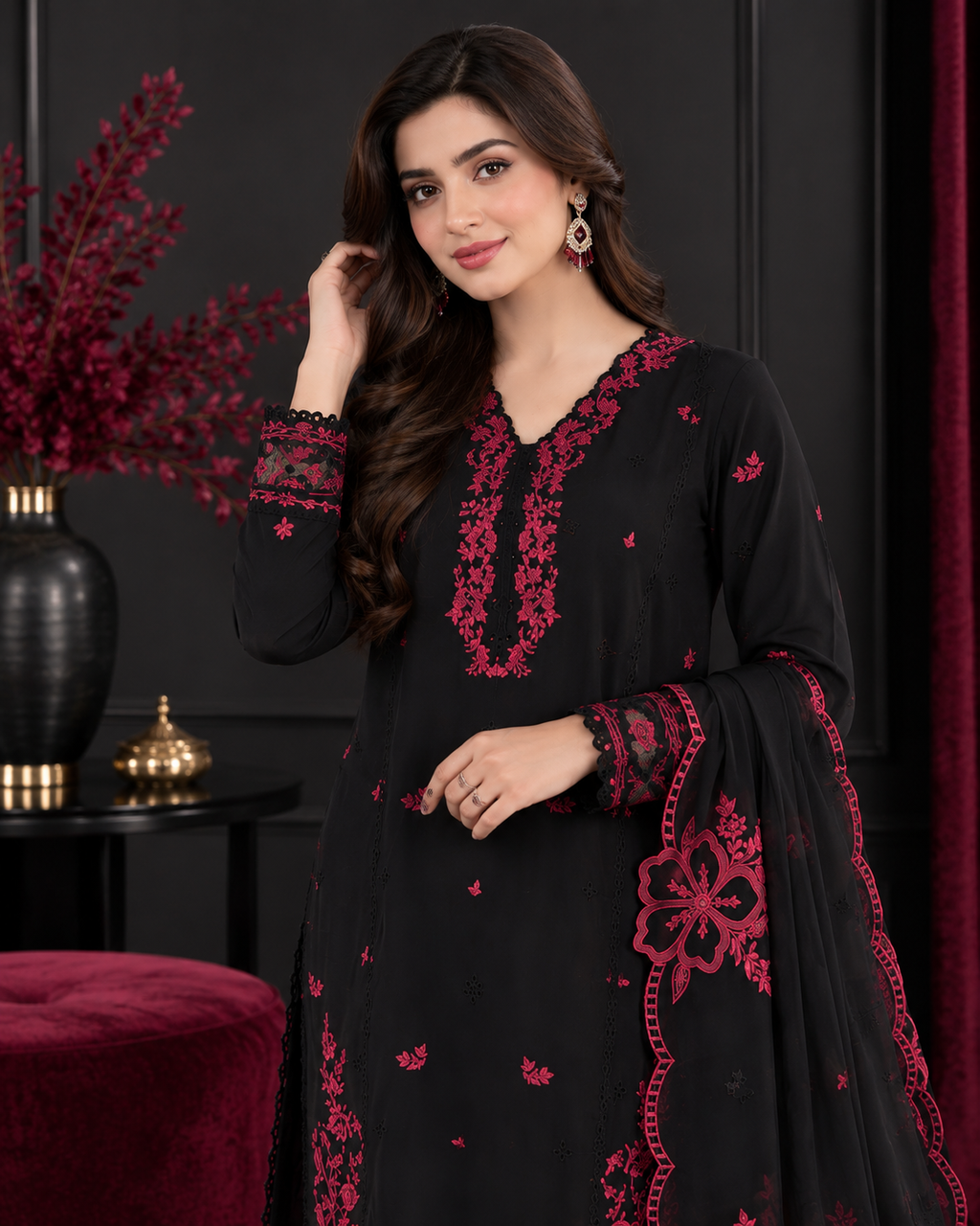 Premium Dhanak Heavy Embroidered 3-Piece Suit with Embroidered Shawl