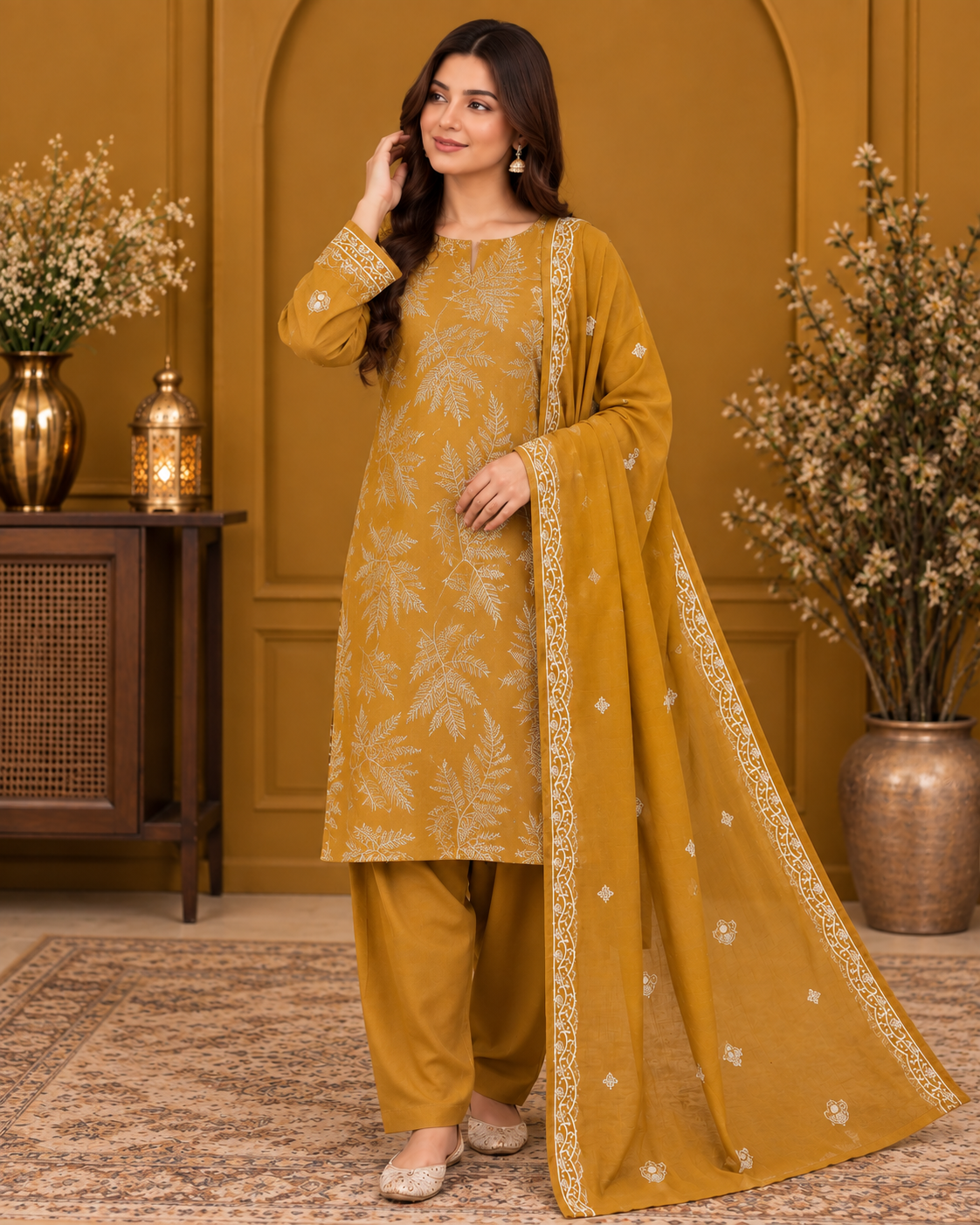 Premium Dhanak Peach Wool 3PC – Digital Printed Winter Collection