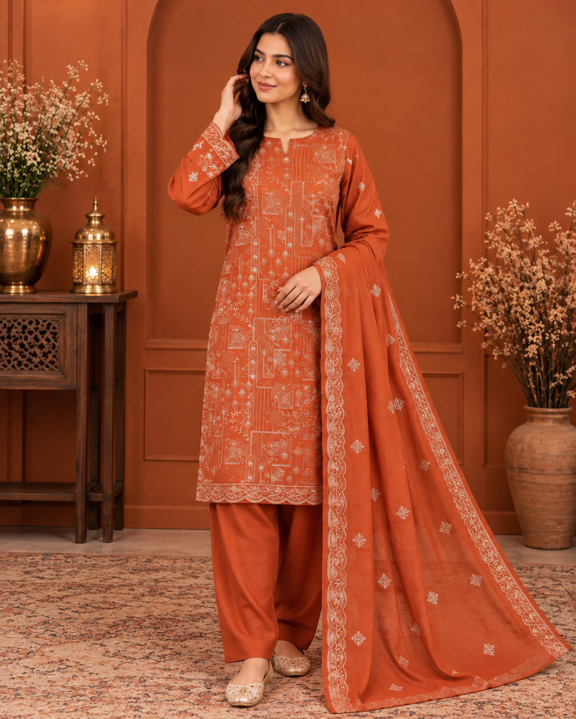 Premium Dhanak Peach Wool 3PC – Digital Printed Winter Collection