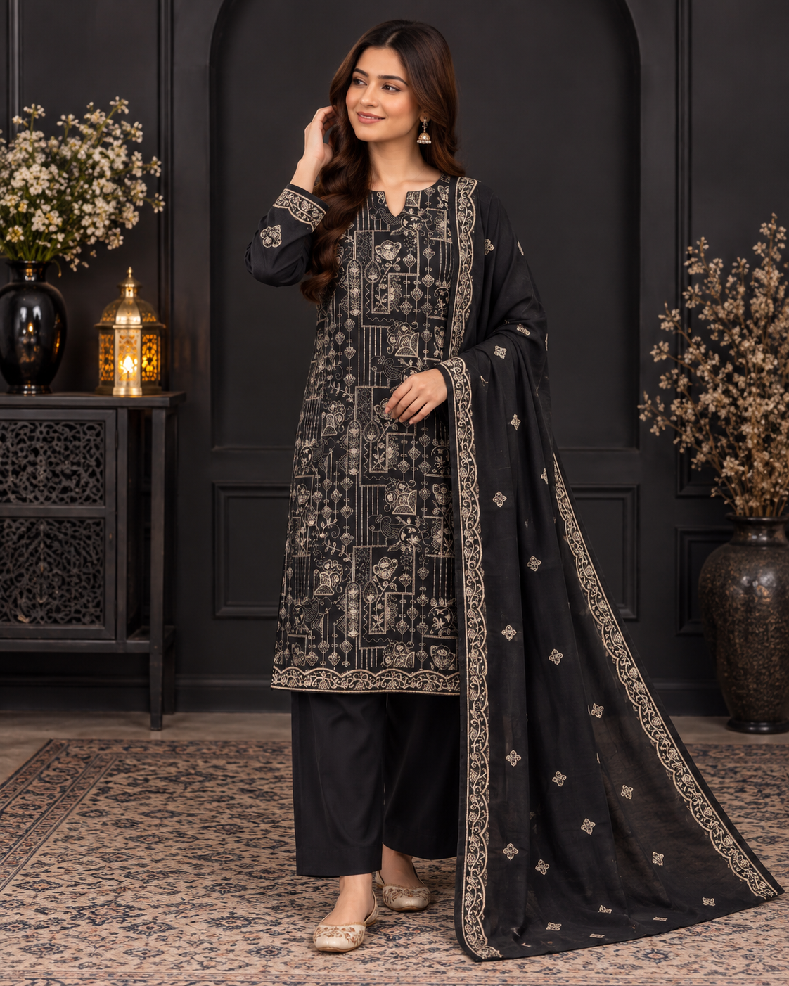 Premium Dhanak Peach Wool 3PC – Digital Printed Winter Collection