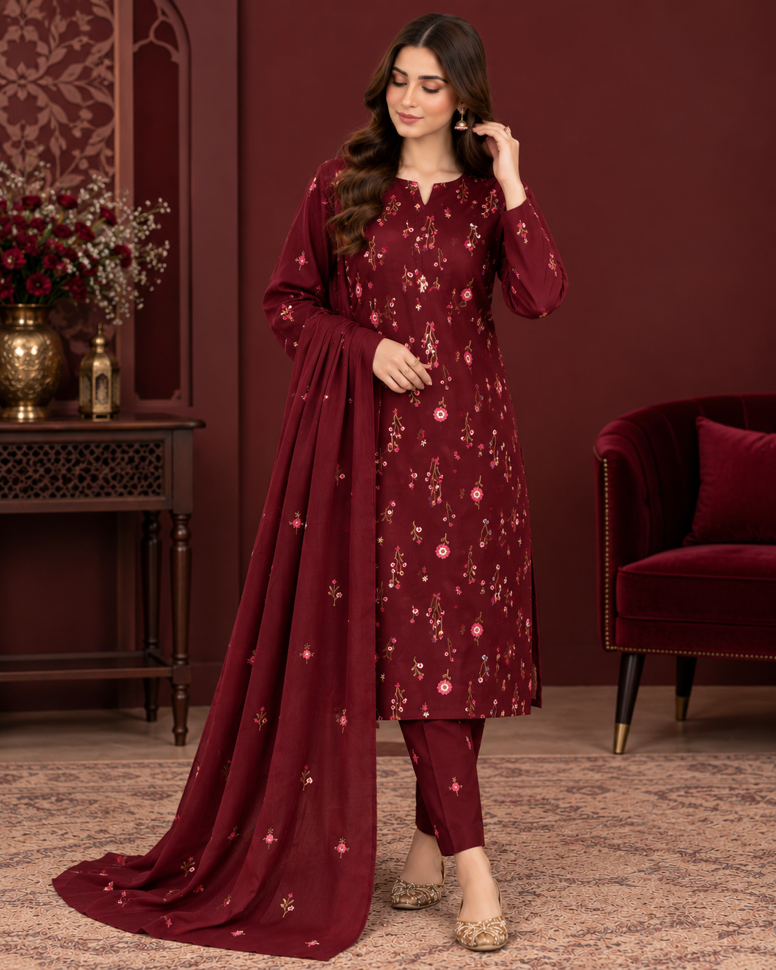 Premium Airjet Dhanak Embroidered 3PC Suit with Luxury Shawl