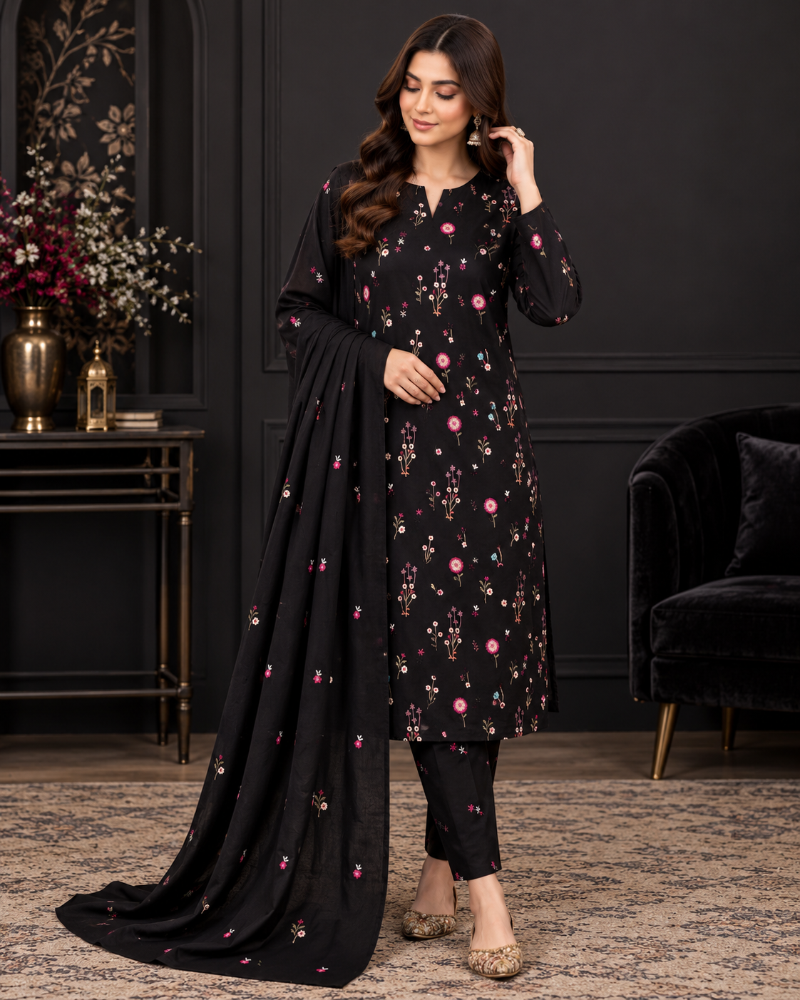 Premium Airjet Dhanak Embroidered 3PC Suit with Luxury Shawl