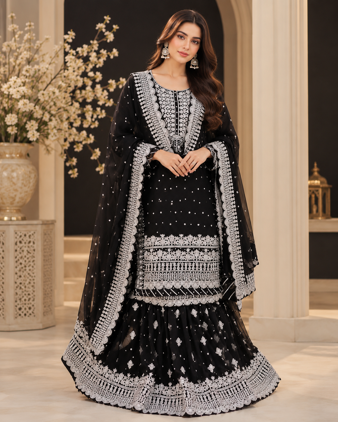 ZUNVEX Premium Luxury Chiffon 3PC – Heavy Spangle Embroidered Unstitched Gharara Suit