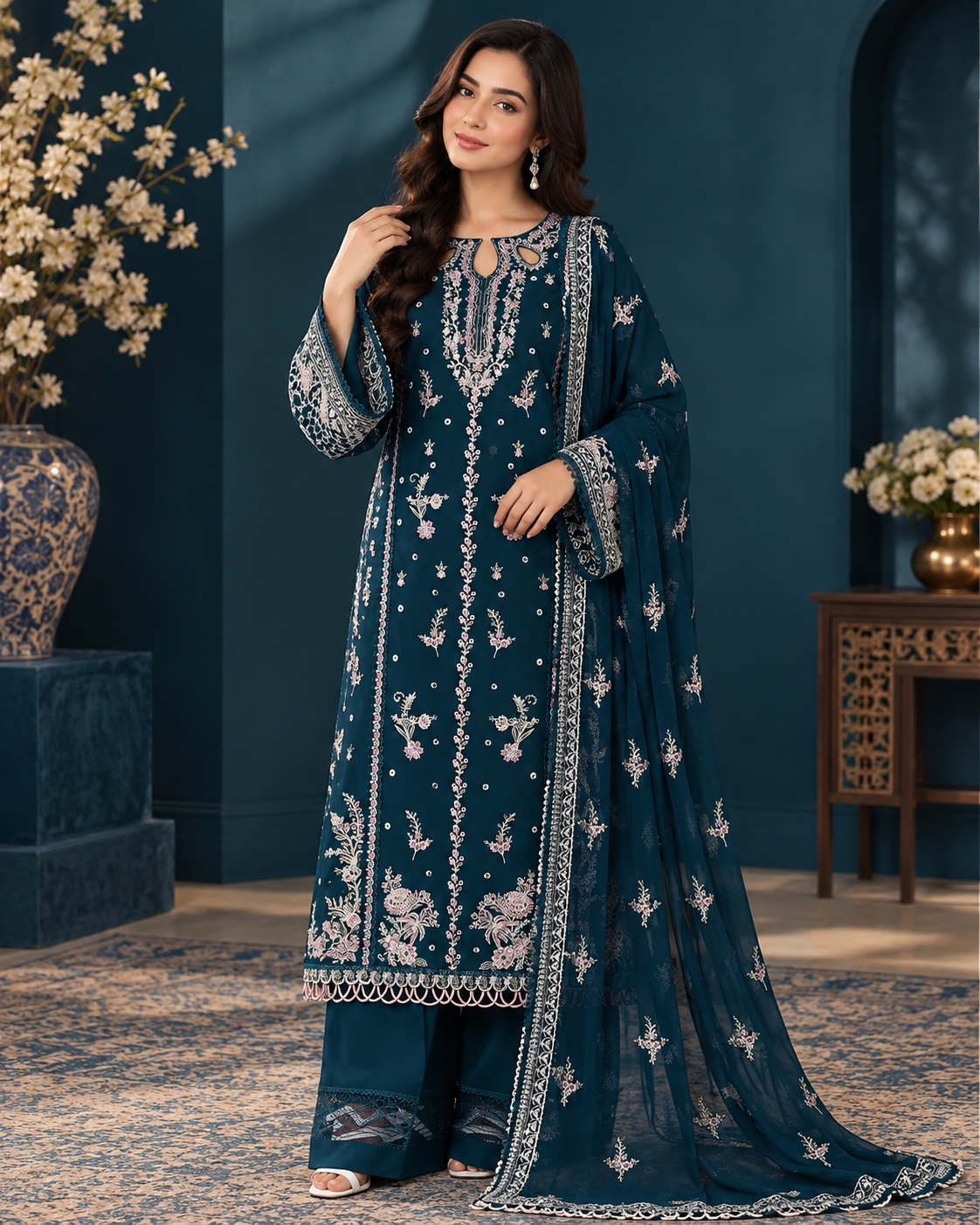 ZUNVEX Premium Luxury Dhanak 3PC – Embroidered Unstitched Suit with Ready-to-Wear Shawl
