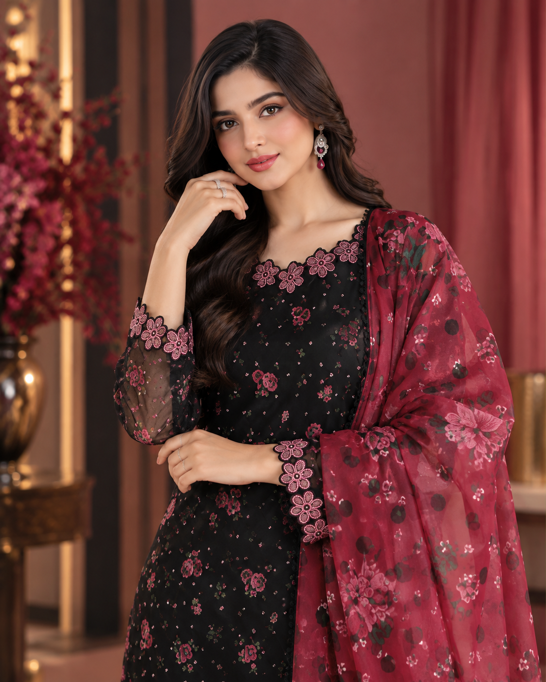 ZUNVEX Premium Chiffon Digital Printed Embroidered 3 Piece Unstitched Suit