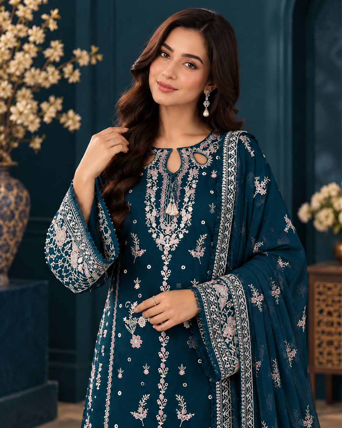 ZUNVEX Premium Luxury Dhanak 3PC – Embroidered Unstitched Suit with Ready-to-Wear Shawl