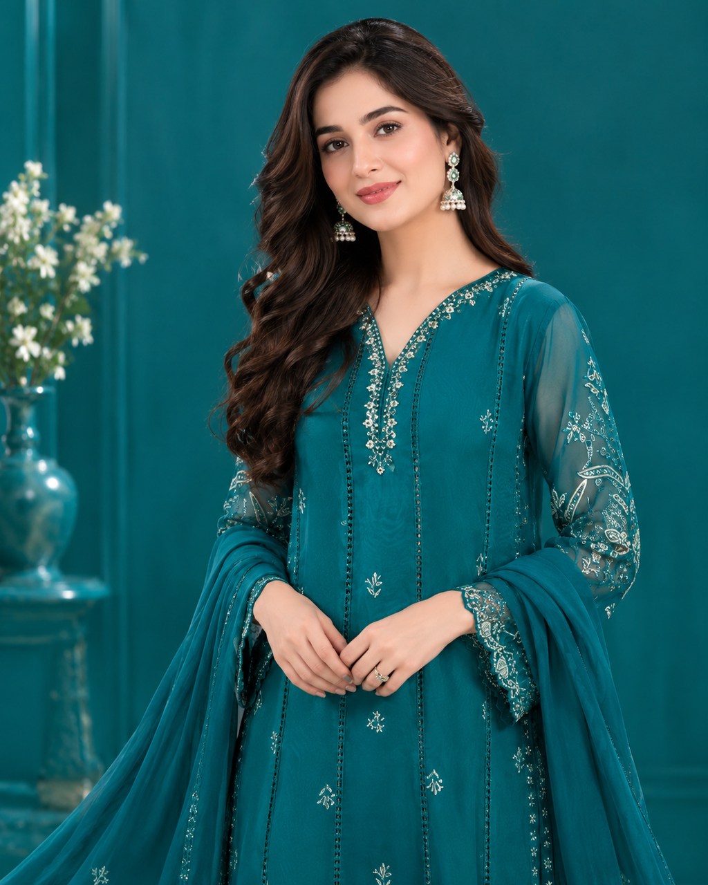 ZUNVEX Luxury Chiffon 3PC – Heavy Embroidered Cutwork Suit