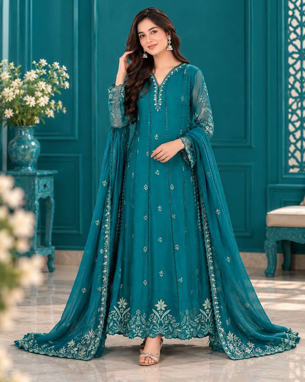 ZUNVEX Luxury Chiffon 3PC – Heavy Embroidered Cutwork Suit