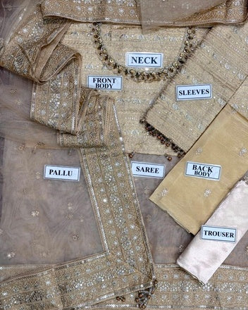 Maria B Inspired Luxury Sequence Net Saree – Tissue Silk Body | Unstitched Replica
